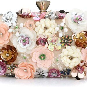 Women's Floral Evening Clutch Bag with Flower Metal Rhinestones for Women Weddin